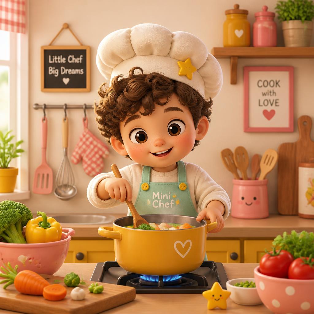 Mini Chef cocinando en una escena cálida